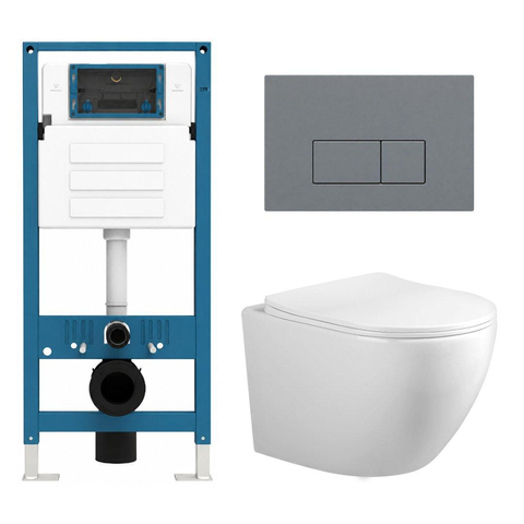 Adema Salina 2.0 Toiletset - 48.5x36x32cm - diepspoel - spoelrandloos - QeramiQ inbouwreservoir - softclose - quickrelease - toiletzitting - licht grijze kunststof bedieningsplaat - rechthoekige knoppen - wit SW1474580