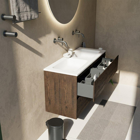 Saniclass Holz Pure Badkamermeubelset - 120x45x77.5cm - Torino solid surface wastafel wit - zonder kraangat - 4 lades - mat eiken charcoal (hout) SW1478674