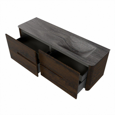 Mondiaz CIRO-DLUX Ensemble de meuble de salle de bains - 150x45x50cm - plan de toilette en solid surface Oza - 1 vasque à droite - sans trous de robinet - 4 tiroirs - Noyer SW1530647