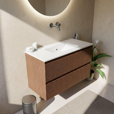 Saniclass Holz Atelier Ensemble meuble de salle de bains - 100x45x62cm - Vygo lavabo en céramique blanc - 1 vasque - sans trou de robinet - 2 tiroirs - mat walnut pure (bois) SW1437730