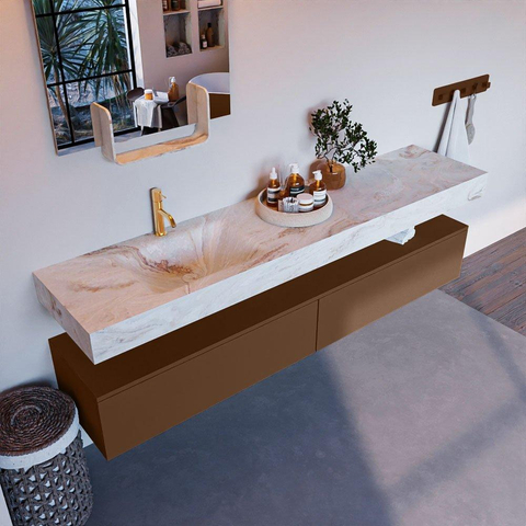 Mondiaz ALAN-DLUX Ensemble de meuble - 200cm - meuble Rust mat - 2 tiroirs - Lavabo Cloud Frappe suspendu - vasque Gauche - 1 trou de robinet SW805258