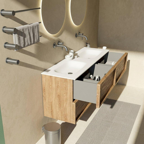 Saniclass Holz Frame Badkamermeubelset - 140x45x61.5cm - Flow solid surface wastafel wit - 2 wasbakken - zonder kraangaten - 4 lades - mat eiken natural (hout) SW1579779