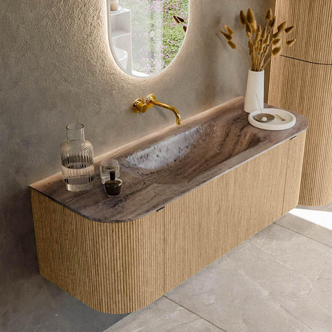 MONDIAZ KURVE-DLUX meuble de salle de bains 130cm arrondi Gauche + Droite couleur chêne avec 1 tiroir et 2 portes. Lavabo BIG SMALL Central sans trou de robinet Oza. SW1432623