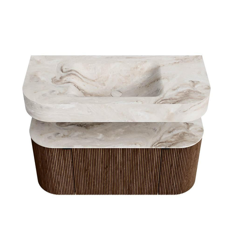 MONDIAZ THOR-DLUX Meuble de salle de bains 100cm arrondi gauche + droite couleur Walnut avec 1 tiroir et 2 portes. Vasque suspendue CLOUD Centre sans trou de robinet couleur Frappe. SW1467334