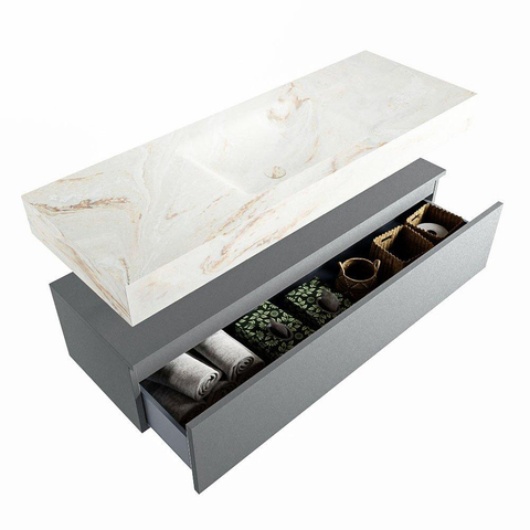Mondiaz ALAN-DLUX Ensemble de meuble - 130cm - meuble Plata mat - 1 tiroir - Lavabo Cloud Frappe suspendu - vasque Centre - 1 trou de robinet SW805082