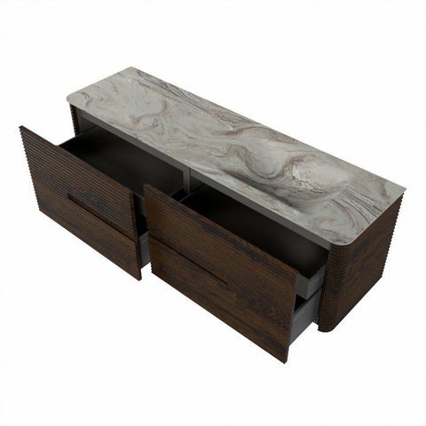 Mondiaz CIRO-DLUX Ensemble de meubles de salle de bains - 160x45x50cm - Plan-vasque en solid surface Glace - 1 vasque à droite - 1 trou pour robinet - 4 tiroirs - Noyer SW1530207