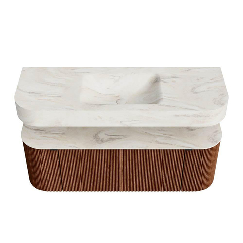 MONDIAZ THOR-DLUX 130cm meuble de salle de bains arrondi gauche + droite couleur Ruby avec 1 tiroir et 2 portes. Vasque suspendue CLOUD Milieu 1 trou de robinet couleur Ostra. SW1463766