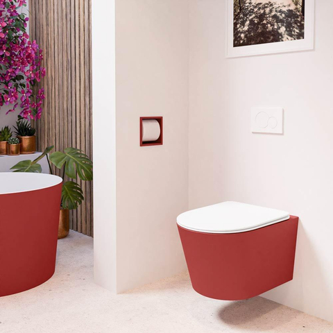 Mondiaz LAVIE hangtoilet – spoelrandloos – 36 x 53 cm – met softclose zitting – Fire (rood), zitting Talc (wit) SW1208756
