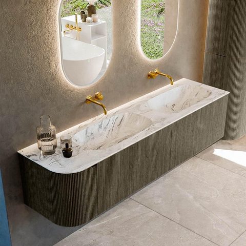 Mondiaz KURVE-DLUX Ensemble de meubles de salle de bains - 175x46x40cm - 2 tiroirs - 1 porte - vasque solid surface - double / droite - sans trou de robinet - Shadow SW1414617