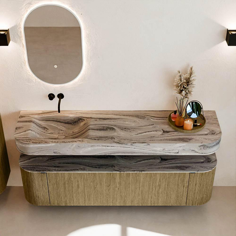 MONDIAZ THOR-DLUX Meuble de salle de bains 170cm arrondi gauche + droite couleur Dusk avec 1 tiroir et 2 portes. Vasque suspendue CLOUD Gauche sans trou de robinet couleur Sombra. SW1466025