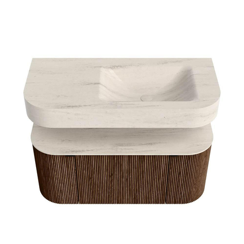 MONDIAZ THOR-DLUX 100cm meuble de salle de bains arrondi gauche + droite couleur Walnut avec 1 tiroir et 2 portes. Vasque suspendue CLOUD Droite 1 trou de robinet couleur Meli. SW1467479