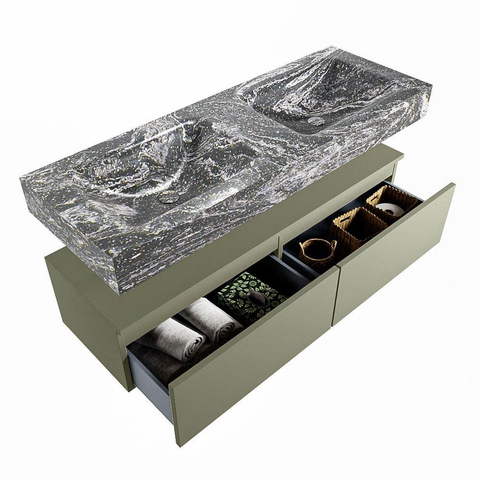 Mondiaz ALAN-DLUX Ensemble de meuble - 130cm - meuble Army mat - 2 tiroirs - Lavabo Cloud Lava suspendu - vasque Gauche et droite - 2 trous de robinet SW808942