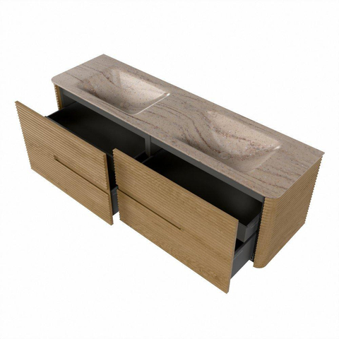 Mondiaz CIRO-DLUX Badkamermeubelset - 160x45x50cm - Solid surface wastafel Saba - 2 wasbak Dubbel - 2 kraangaten - 4 lades - Oak SW1531215