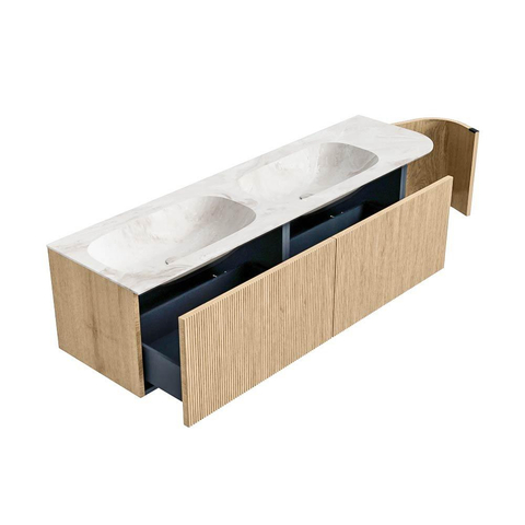 MONDIAZ KURVE-DLUX meuble de salle de bains 165 cm avec module 25 R couleur Oak avec 2 tiroirs et 1 porte. Lavabo STOR SMALL double / gauche sans trou de robinet couleur Frappe. SW1137384