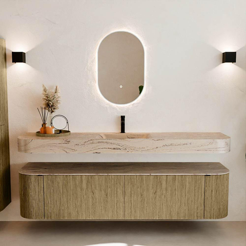 MONDIAZ THOR-DLUX Meuble de salle de bains 190cm arrondi gauche + droite couleur Dusk avec 2 tiroirs et 2 portes. Vasque suspendue CLOUD Milieu 1 trou de robinet couleur Arena. SW1466594
