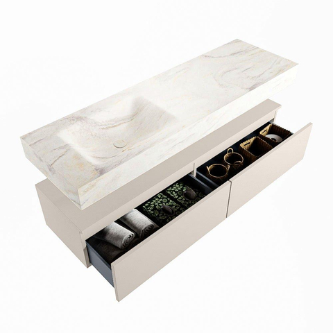 Mondiaz ALAN-DLUX Ensemble de meuble - 150cm - meuble Linen mat - 2 tiroirs - Lavabo Cloud Ostra suspendu - vasque Gauche - 0 trous de robinet SW807288