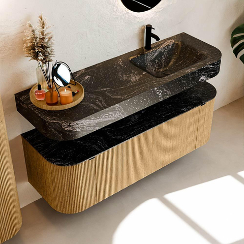 MONDIAZ THOR-DLUX 140cm badmeubel ronding links + rechts kleur Oak met 1 lade en 2 deuren. Vrijhangende wastafel CLOUD Rechts 1 kraangat kleur Lava. SW1463939