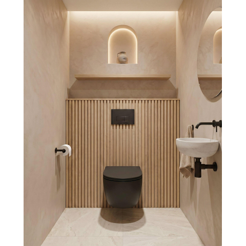 QeramiQ Dely Swirl Pack WC - 36.3x51.7cm - réservoir encastré Geberit UP320 - abattant mince - plaque de déclenchement noire mate - boutons rectangulaires - noir mat SW1413308