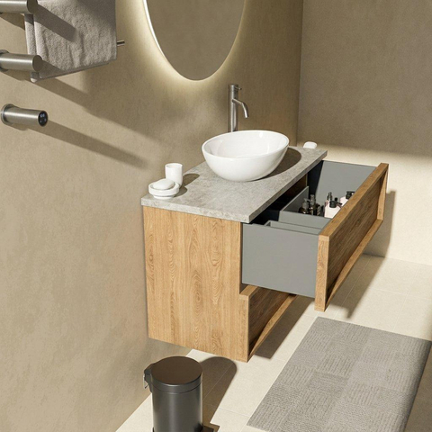 Saniclass Holz Frame Badkamermeubelset - 100x45x63cm - Travertine natuurstenen topblad - 1 kraangat - 2 lades - mat eiken natural (hout) SW1580034