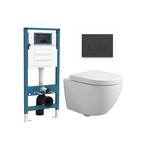 QeramiQ Dely Swirl Compact Toiletset - inbouwreservoir QeramiQ flush - 25mm zitting - kunststof bedieningsplaat mat antraciet - rechthoekige knoppen - glans wit SW1590635