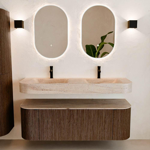 MONDIAZ THOR-DLUX 140cm badmeubel ronding links + rechts kleur Walnut met 1 lade en 2 deuren. Vrijhangende wastafel CLOUD Dubbel 2 kraangaten kleur Saba. SW1464331