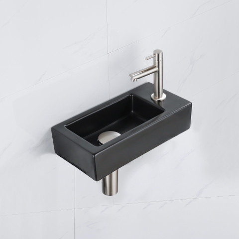 QeramiQ Fuente fonteinset – 37.5x18.5x9 cm – keramiek zwart mat – kraangat rechts – kraan geborsteld RVS SW1232748