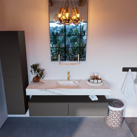 Mondiaz ALAN-DLUX Ensemble de meuble - 150cm - meuble Dark grey mat - 2 tiroirs - Lavabo Cloud Frappe suspendu - vasque Centre - 1 trou de robinet SW805085
