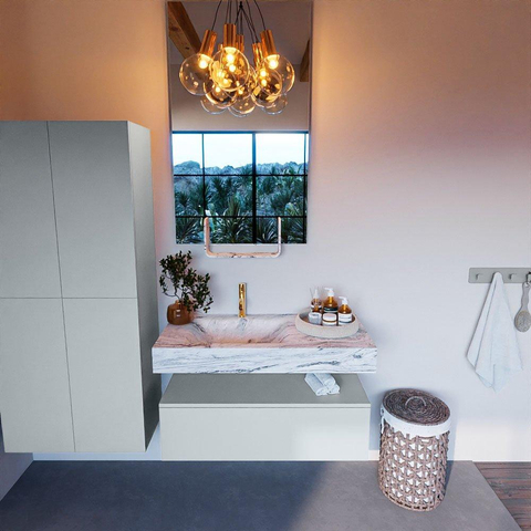 Mondiaz ALAN-DLUX Ensemble de meuble - 100cm - meuble Clay mat - 1 tiroir - Lavabo Cloud Glace suspendu - vasque Gauche - 1 trou de robinet SW806118