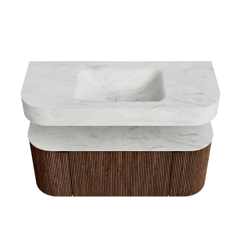 MONDIAZ THOR-DLUX 110cm badmeubel ronding links + rechts kleur Walnut met 1 lade en 2 deuren. Vrijhangende wastafel CLOUD Midden 1 kraangat kleur Opalo. SW1462782
