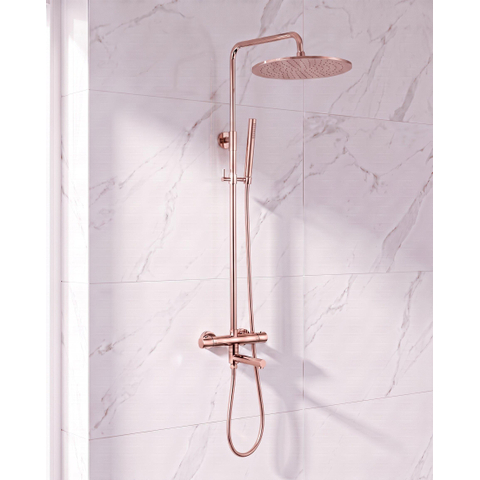 Fortifura Calvi Regendoucheset - thermostatisch - 30cm hoofddouche - gladde slang - staaf handdouche - draaibare baduitloop - geborsteld koper PVD SW1592477