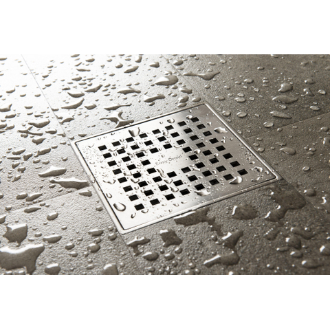 Easy Drain Aqua Plus Quattro siphon de sol avec partie de finition en inox avec grille en inox et sortie latérale 15x15cm profondeur d''encastrement 68 104mm garde d''eau 50 à 25mm 2302715