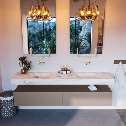 Mondiaz ALAN-DLUX Ensemble de meuble - 200cm - meuble Smoke mat - 2 tiroirs - Lavabo Cloud Frappe suspendu - vasque Gauche et droite - 0 trous de robinet SW805182