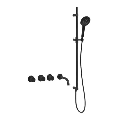 Fortifura Nebbio Badcombinatie-set - thermostaatkraan - glijstang met geïntegreerde wandaansluitbocht - metalen doucheslang - ronde handdouche - uitloop - mat zwart SW1238051