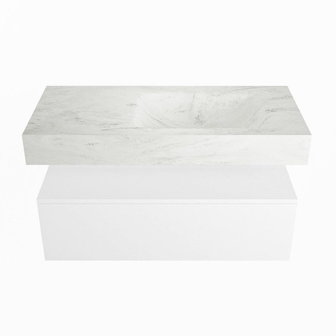 Mondiaz ALAN-DLUX Ensemble de meuble - 100cm - meuble Talc mat - 1 tiroir - Lavabo Cloud Opalo suspendu - vasque Droite - 0 trous de robinet SW806239