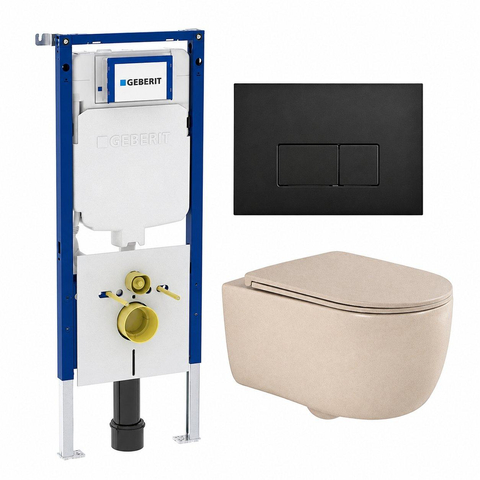 QeramiQ Dely Swirl Toiletset - 36.3x51.7cm - Geberit UP720 Duofix Sigma inbouwreservoir - slim zitting - mat zwarte metalen bedieningsplaat - rechthoekige knoppen - mat beige SW1416827