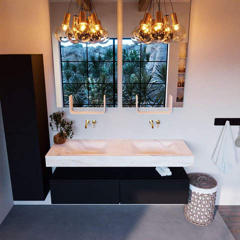 Mondiaz ALAN-DLUX Ensemble de meuble - 150cm - meuble Urban mat - 2 tiroirs - Lavabo Cloud Ostra suspendu - vasque gauche et droite - 0 trous de robinet SW807411