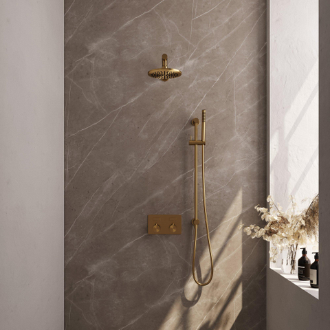 BRAUER Gold Edition Douche de tête thermostatique encastrée - boutons-poussoirs - SET 61 - douche de tête 20 cm - bras mural droit - douchette barre - flexible de douche - barre de douche intégrée - or brossé PVD SW925670