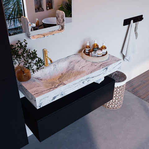 Mondiaz ALAN-DLUX Ensemble de meuble - 110cm - meuble Urban mat - 1 tiroir - Lavabo Cloud Glace suspendu - vasque Gauche - 1 trou de robinet SW805190
