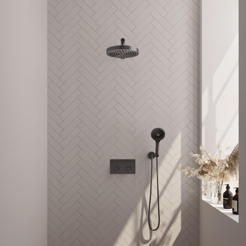 BRAUER Stripe Douche de tête thermostatique encastrée - boutons-poussoirs - pomme de douche 25 cm - bras mural droit - douchette 3 positions - flexible de douche - coude mural - PVD brossé gunmetal SW1435223