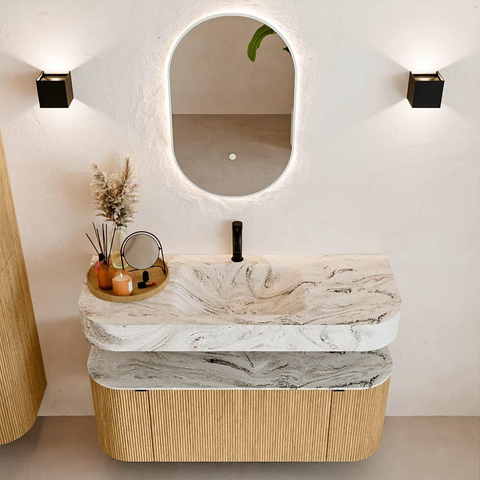 MONDIAZ THOR-DLUX 120cm badmeubel ronding links + rechts kleur Oak met 1 lade en 2 deuren. Vrijhangende wastafel CLOUD Midden 1 kraangat kleur Glace. SW1463055