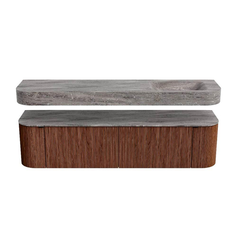 MONDIAZ THOR-DLUX 180cm badmeubel ronding links + rechts kleur Ruby met 2 lades en 2 deuren. Vrijhangende wastafel CLOUD Rechts zonder kraangat kleur Oza. SW1466303