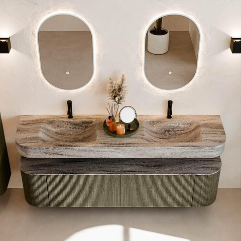 MONDIAZ THOR-DLUX 180cm meuble de salle de bains arrondi gauche + droite couleur Shadow avec 2 tiroirs et 2 portes. Vasque suspendue CLOUD Double 2 trous de robinet couleur Oza. SW1466318
