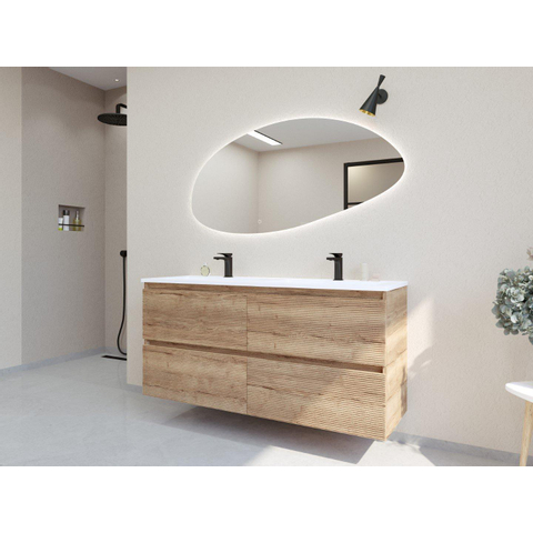 H&R Badmeubelen Infinity XXL 3D Badkamermeubelset - 140 cm - 2 keramische wasbakken thin mat wit - 2 kraangaten - 4 lades - french oak SW863531