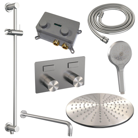 BRAUER Brushed Carving Douche de pluie thermostatique encastrée - boutons poussoirs - SET 70 - douche de tête 30cm - bras mural courbé - douchette 3 jets - flexible de douche - barre de douche intégrée - inox brossé PVD SW925461