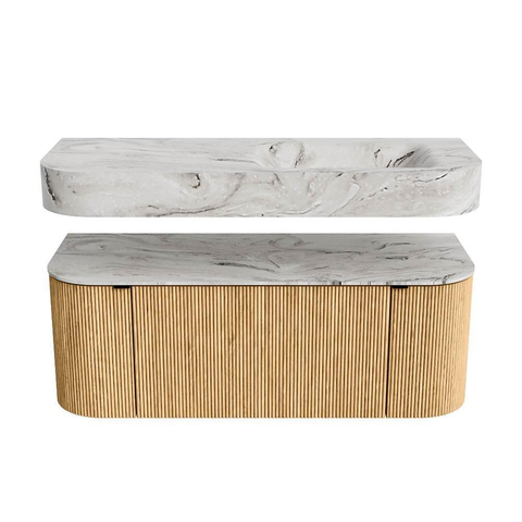 MONDIAZ THOR-DLUX 120cm badmeubel ronding links + rechts kleur Oak met 1 lade en 2 deuren. Vrijhangende wastafel CLOUD Rechts 1 kraangat kleur Glace. SW1463135