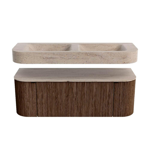 MONDIAZ THOR-DLUX 130cm badmeubel ronding links + rechts kleur Walnut met 1 lade en 2 deuren. Vrijhangende wastafel CLOUD Dubbel 2 kraangaten kleur Saba. SW1464029