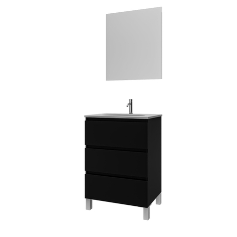 Saniclass Chaci PLUS Meuble de salle de bain - 60x86x46cm - lavabo en céramique blanc - 1 vasque - 1 trou de robinet - 3 tiroirs - miroir rectangulaire - noir mat SW926030