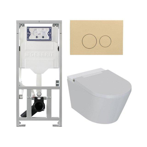 QeramiQ Luma Ensemble WC douche - réservoir encastré Geberit UP320 - avec cadre Burda - sèche-cheveux - douchette féminine - plaque de commande beige - boutons ronds - blanc brillant SW1472001
