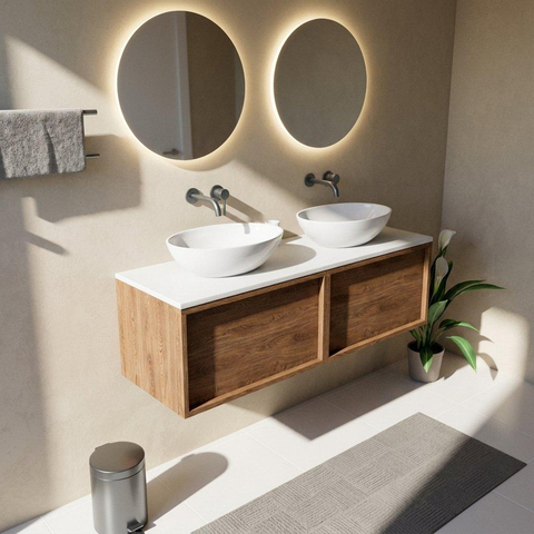 Saniclass Holz Frame Ensemble meuble de salle de bains - 140x45x42.5cm - Plan de travail Torino en solid surface blanc - sans trou de robinet - 2 tiroirs - chêne naturel mat (bois) SW1478720