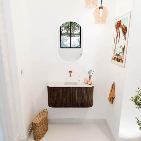 Mondiaz JOYA-DLUX 83.2cm toiletmeubel - ronding links en rechts kleur Walnut - Wastafel FAYE positie Midden Zonder kraangat kleur Meli. SW1424455